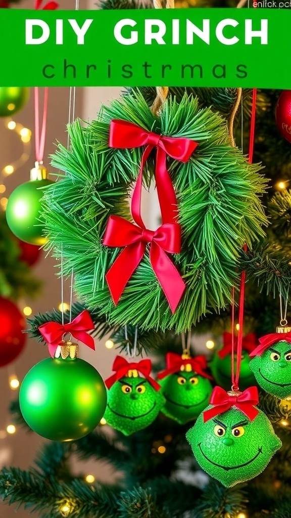 Colorful DIY Grinch Christmas decorations including ornaments, a wreath, and festive lights.